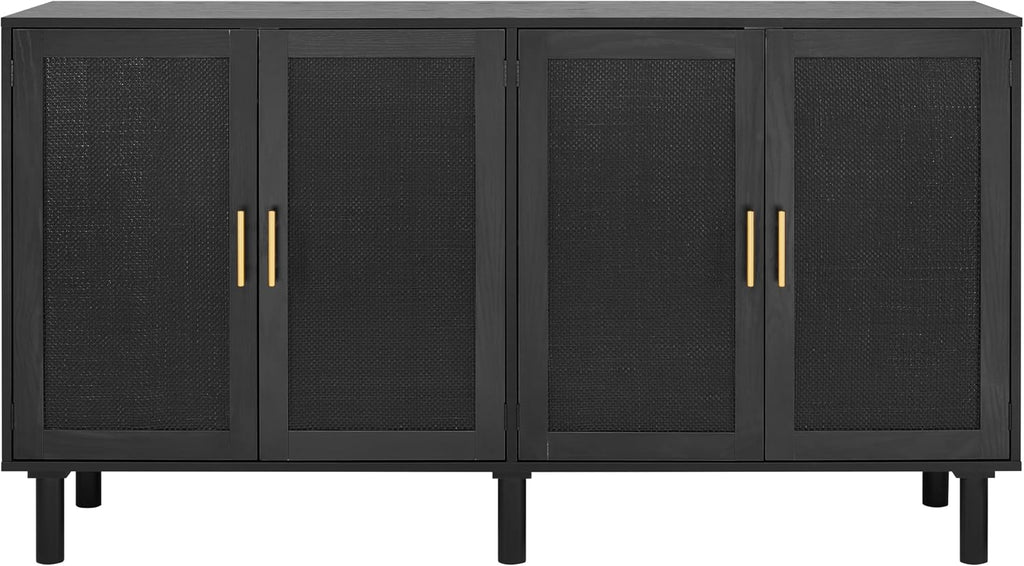 Finnhomy 4 Door Sideboard Buffet Cabinet, Kitchen Storage Buffet with Black Painted Rattan Decorated Doors, Cupboard Console Table, Boho Accent Liquor Cabinet, 62.3X 15.7X 34.6 Inches, Full Black