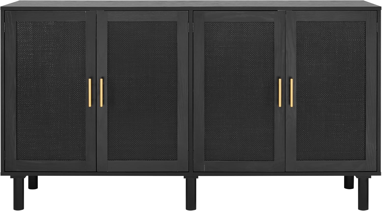 Finnhomy 4 Door Sideboard Buffet Cabinet, Kitchen Storage Buffet with Black Painted Rattan Decorated Doors, Cupboard Console Table, Boho Accent Liquor Cabinet, 62.3X 15.7X 34.6 Inches, Full Black