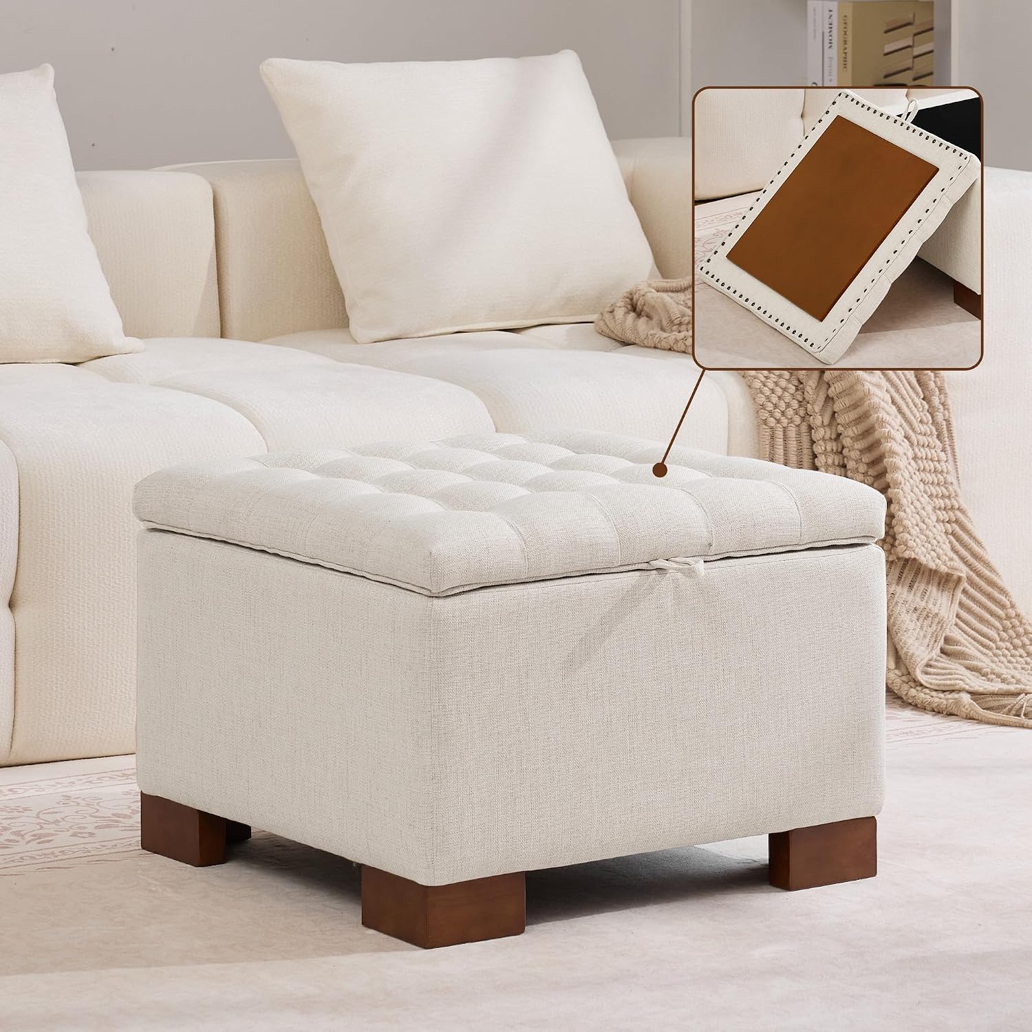 WUTUTUEE 24' Square Fabric Storage Ottoman with Wooden Tray Top, Modern Tufted Button Upholstered Footstool Coffee Table, Multifunctional Small Storage Ottoman for Living Room Bedroom, Beige
