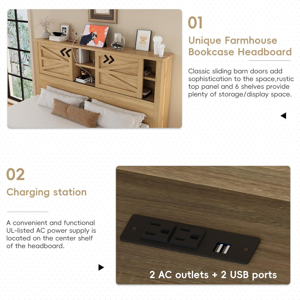 3-Pieces Bedroom Sets with Full Size Farmhouse Platform Bed, Double Sliding Door Storage Headboard, USB, 3PCS Bedroom Sets with Cabinet, Nightstands for Kids Adults, Natural