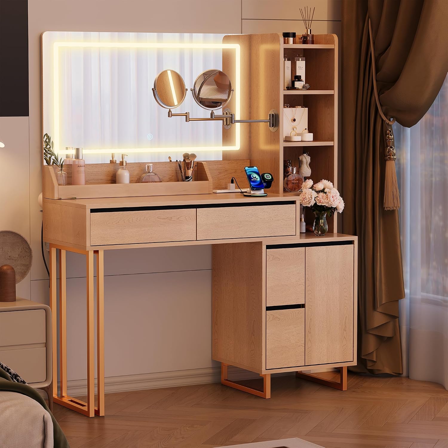 Vanity Desk with Mirror Lights, 41 Inch Makeup Vanity Table 10x Magnifying Mirror Charging Station Drawers Shelves Cabinet Adjustable 3 Color Brightness Dressing Table for Bedroom (Oak)