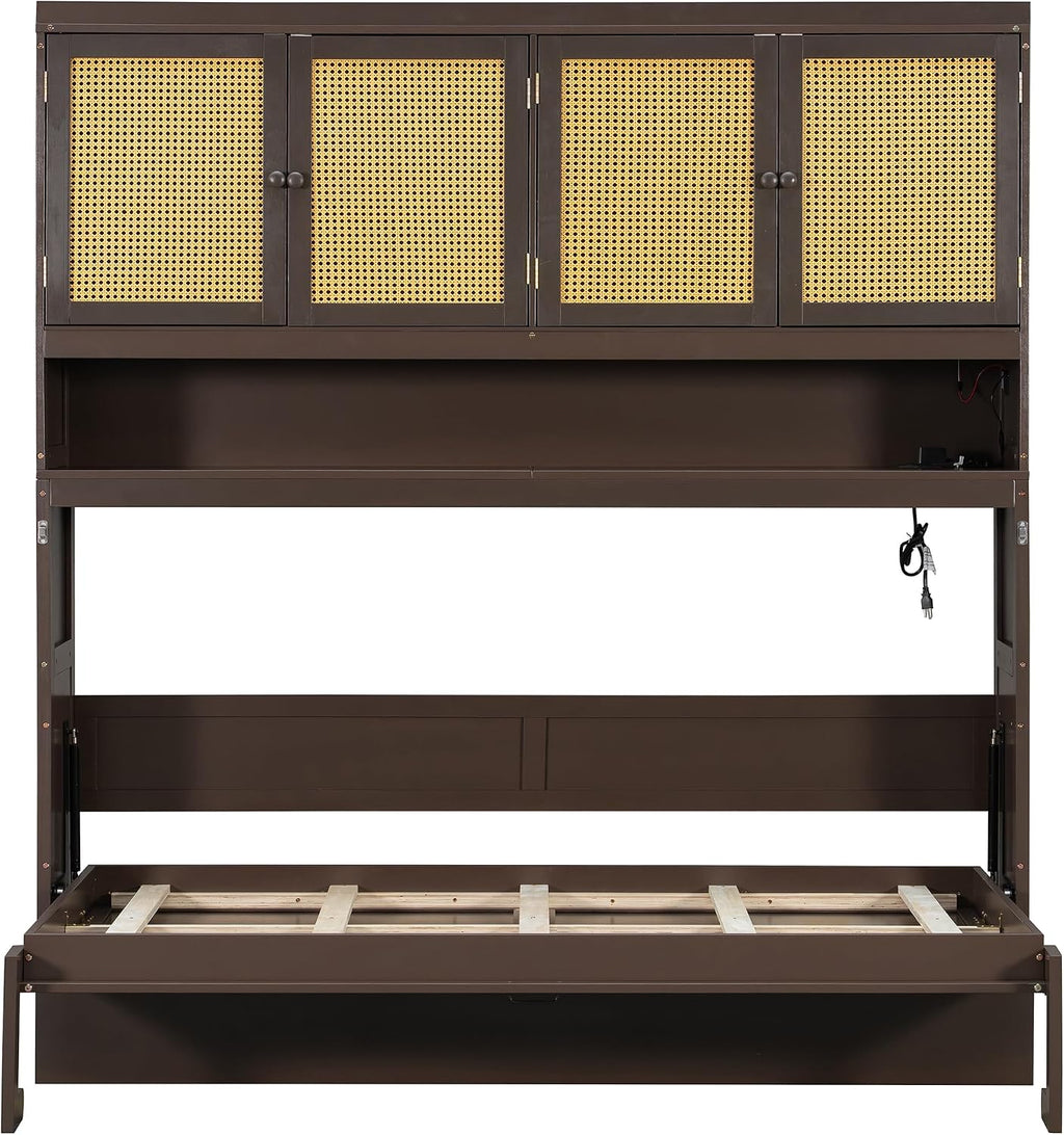 Harper & Bright Designs Twin Size Horizontal Murphy Bed with Top Storage Cabinet, Space Saving Wood Foldable Murphy Wall Bed Frame with Light & USB for Teens Adults, Espresso