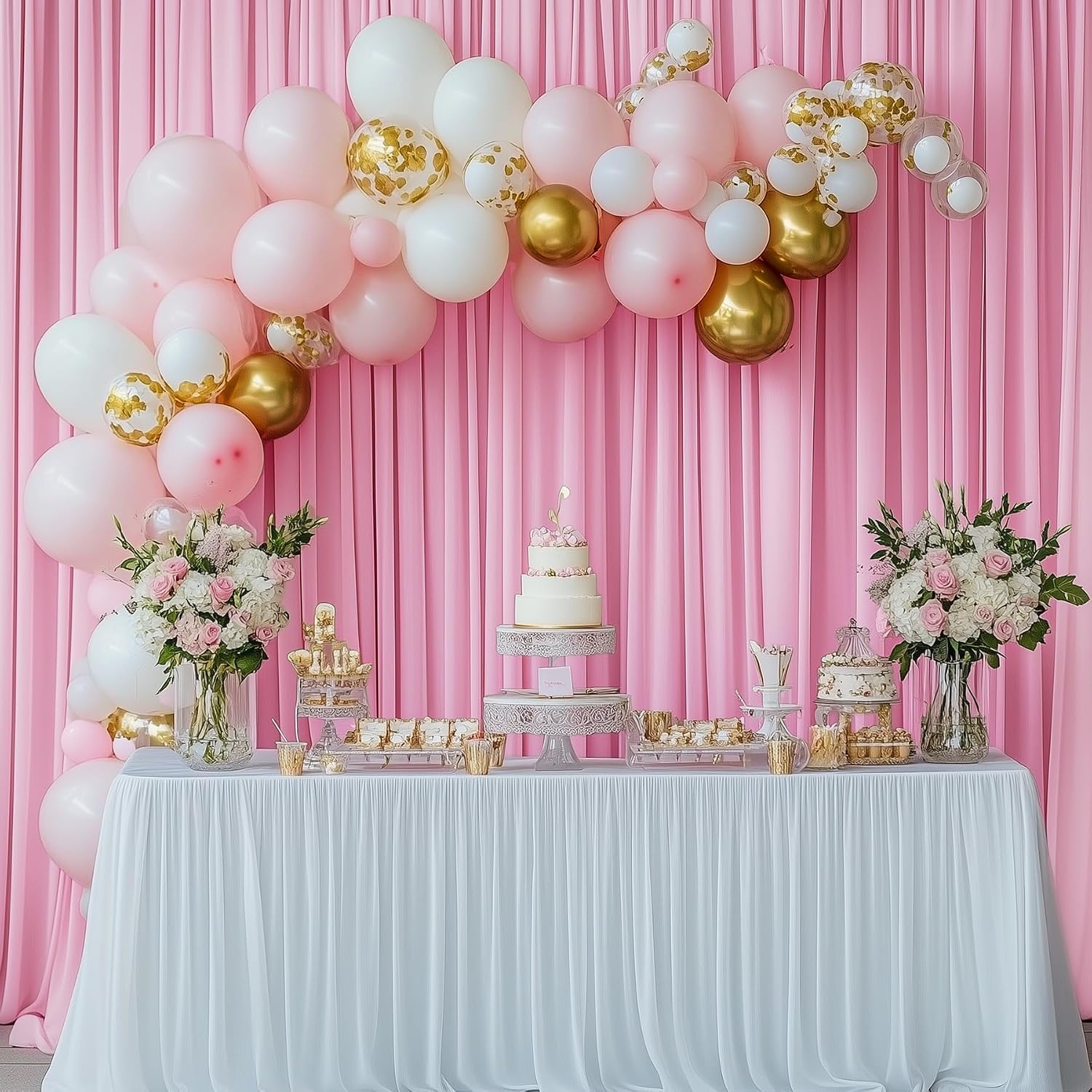 50ftx12ft Pink Backdrop Curtains for Parties, Wrinkle Free Polyester Pink Photo Backdrop Drapes 10 Panels 12 ft Long Back Drop Cloth for Wedding Birthday Photography Background Party
