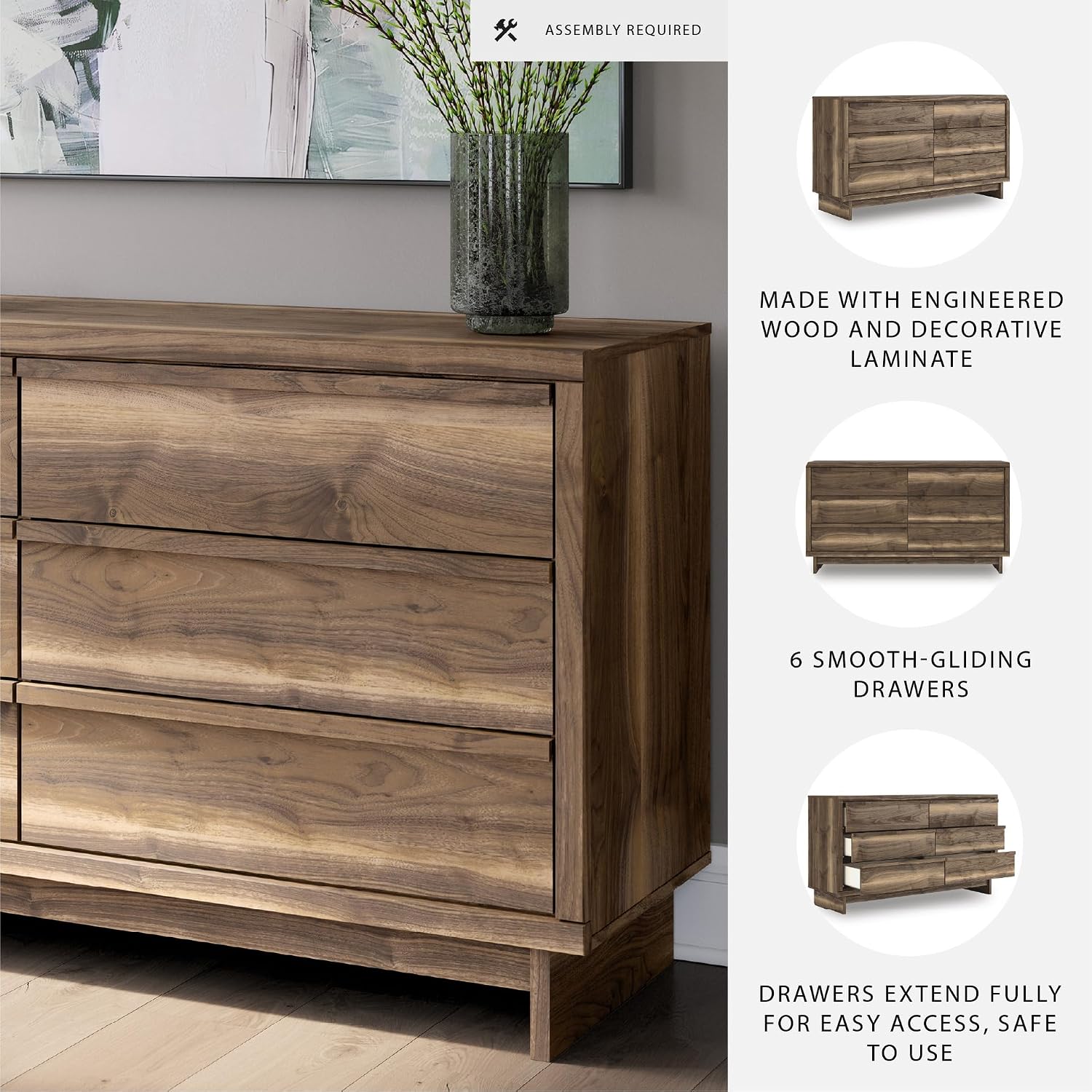 Signature Design by Ashley Darcalli Retro 6 Drawer Dresser with Easy Glide and Safety Stop, Brown