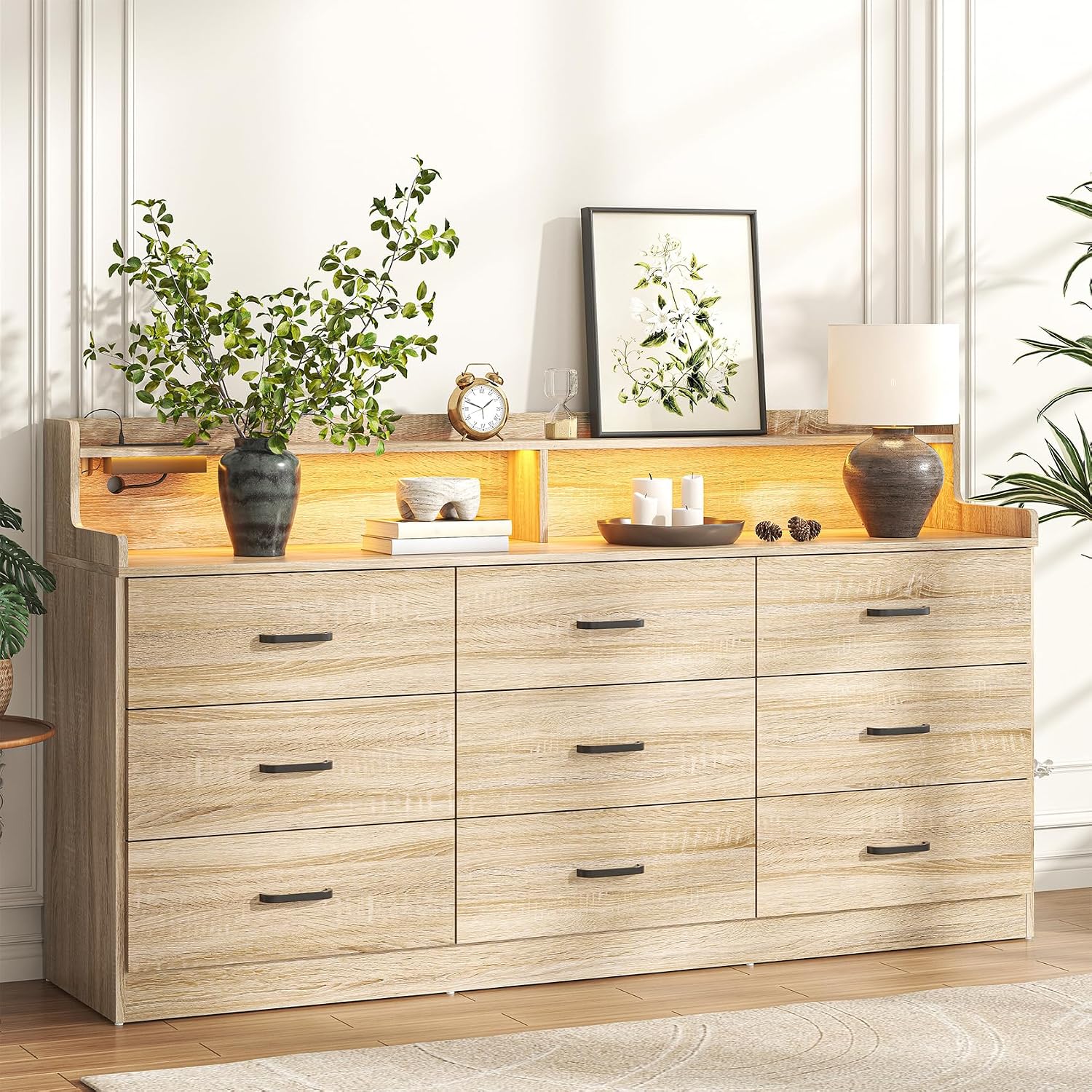 Bigbiglife 9 Drawer Dresser with Built-in Power Outlet, Mid Century Modern Chest of Drawers for Bedroom,63'' Triple Wide Dresser Storage Cabinet for Closet, Living Room, Entryway,Light Wood