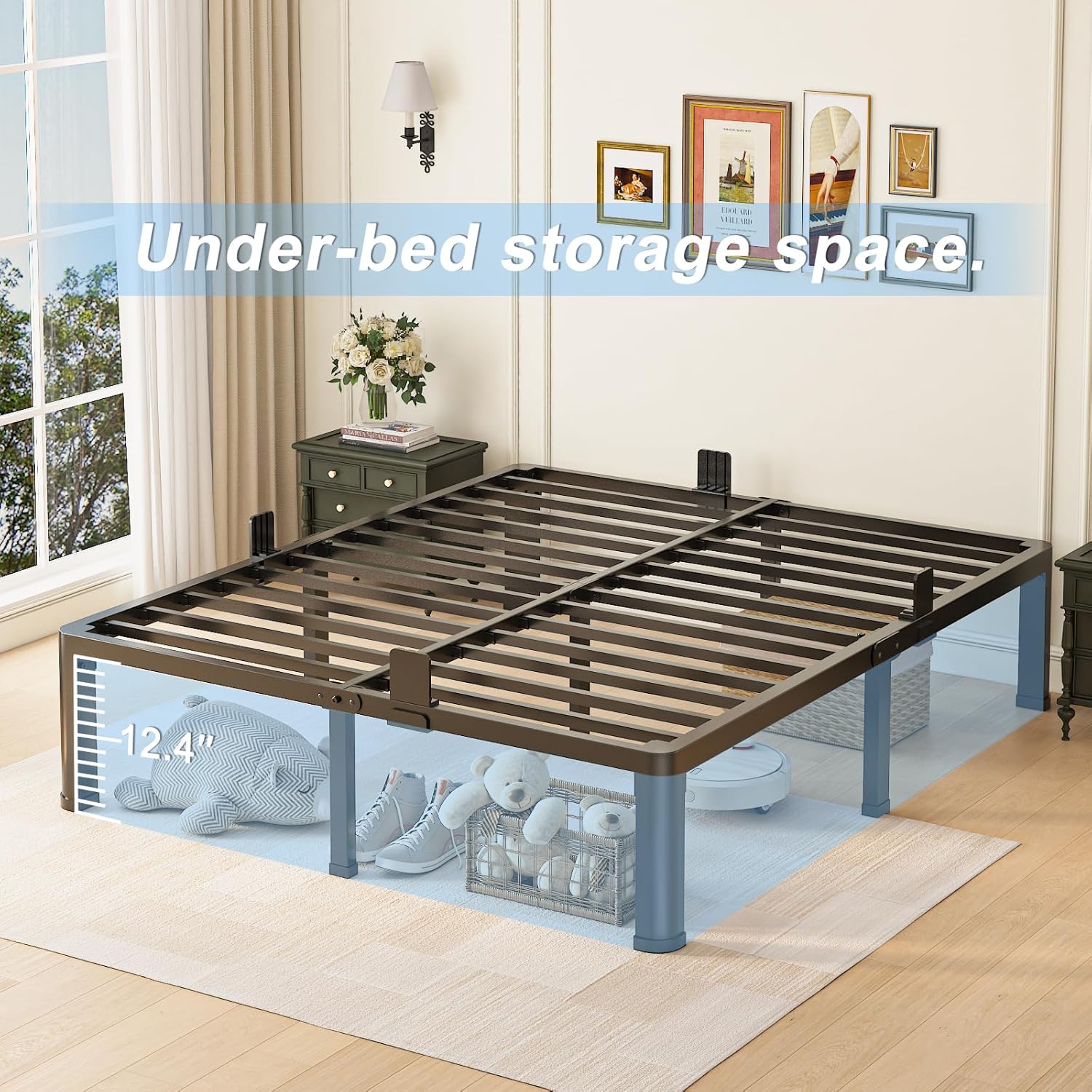 Yitong Angel 14 inch Queen Bed Frame with Round Corner Legs Mattress Slide Stopper,3500 lbs Heavy Duty Metal Platform,Steel Slats Support,No Box Spring Needed,Easy Assembly,Noise Free