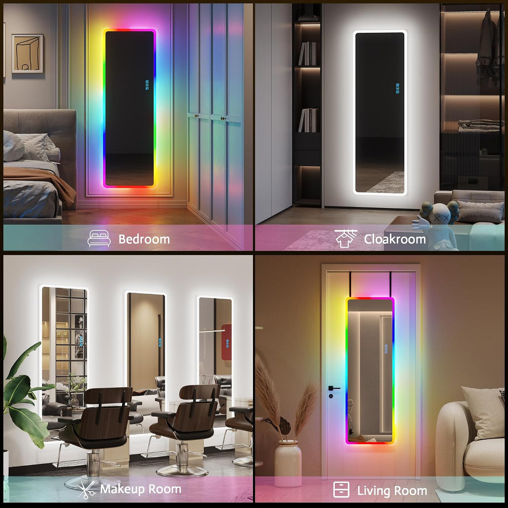 Vlsrka 47x16 Full Length Mirror with RGB Lights, LED Over The Door Lighted Mirror Full Body, 7 Color Dimming Lighting & 7 Dynamic Mode, Door Hanging/Wall-Mounted (Gift Box Design)
