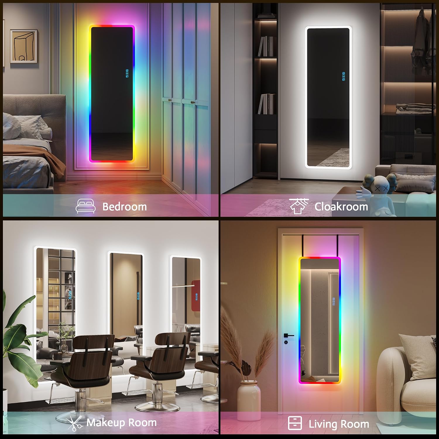 Vlsrka 47x16 Full Length Mirror with RGB Lights, LED Over The Door Lighted Mirror Full Body, 7 Color Dimming Lighting & 7 Dynamic Mode, Door Hanging/Wall-Mounted (Gift Box Design)