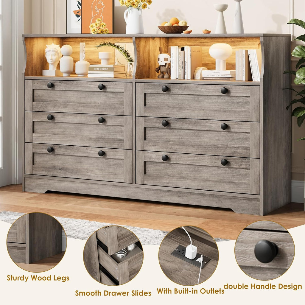 Garvee 6 Drawer Dresser for Bedroom, with RGB LED Lights & Power Outlet, 55' Wide Chests of Drawers Dresser TV Stand for 55 Inch TV, for Closet, Living Room, Entryway