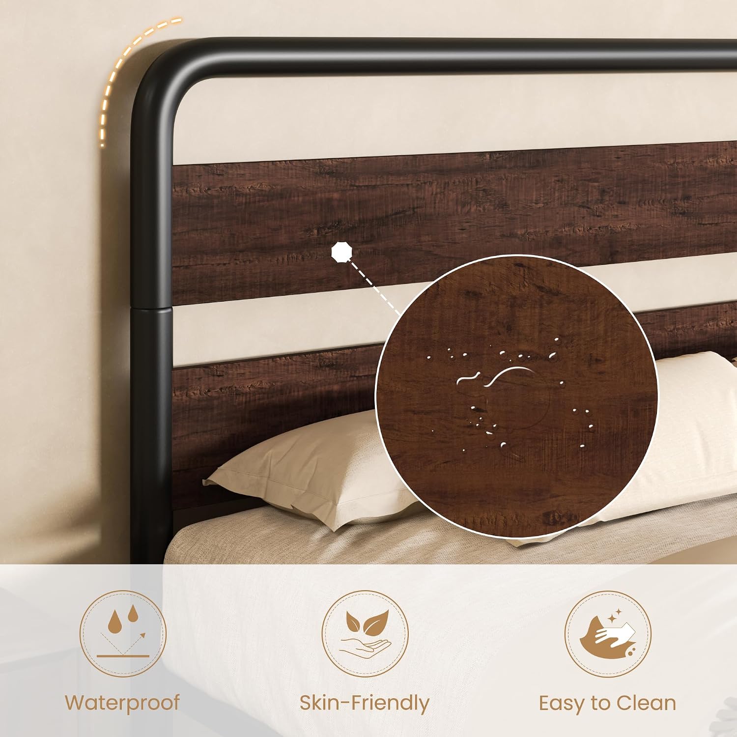 SHA CERLIN Queen Size Metal Bed Frame with Wooden Headboard and Footboard, Heavy Duty Oval-Shaped Platform Bed with Under-Bed Storage, Noise Free, No Box Spring Needed, Mahogany