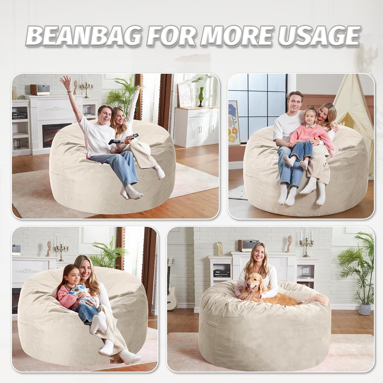 5FT Bean Bag Chair with Ultra Soft Velvet Cover Bean Bag Sofa with Memory Foam Bean Bag Chairs with Large Size Lazy Sofa for Dorm Office Living Room Bedroom Beige 5'