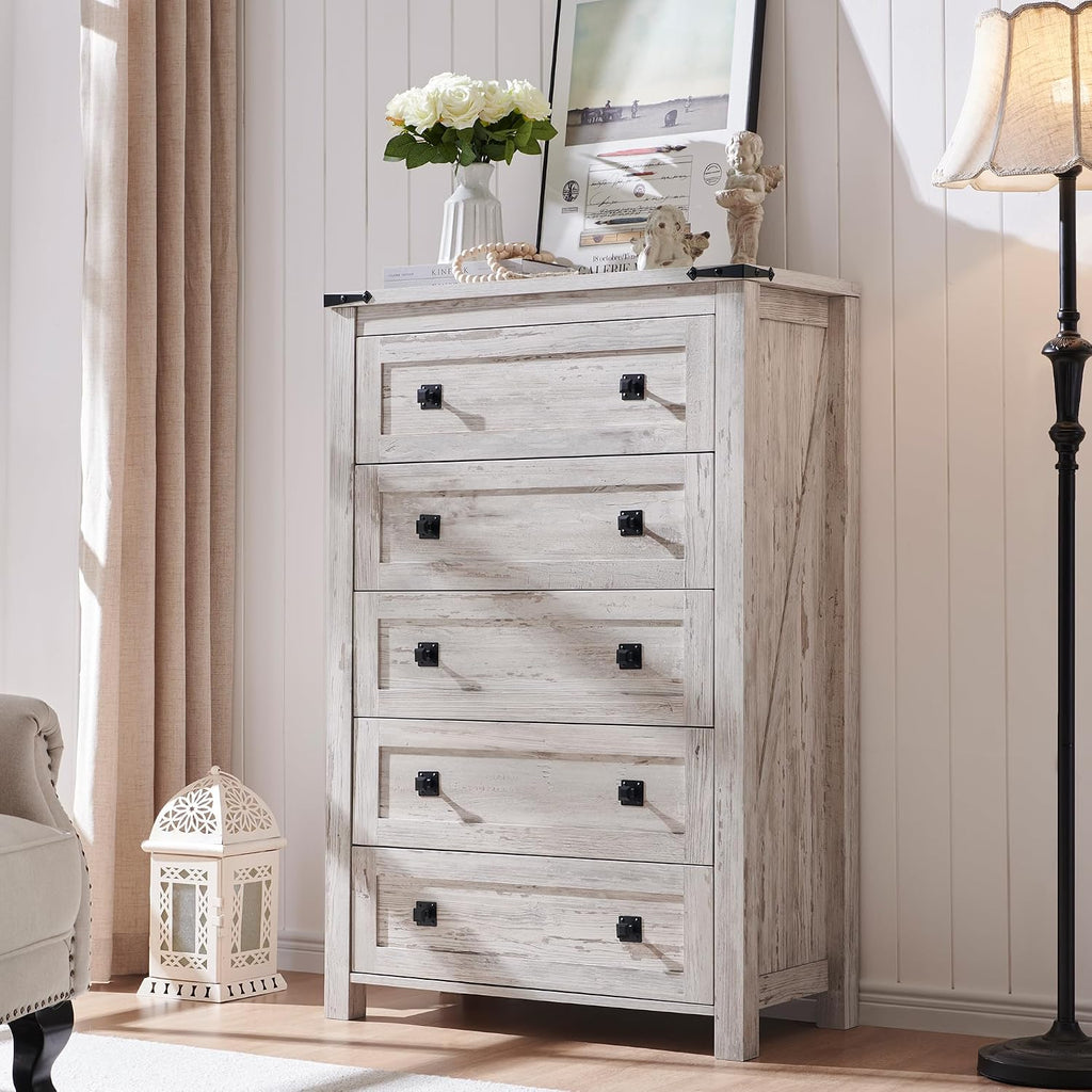 RedLemon Farmhouse 5 Drawer Dresser, 48' Tall Rustic Chest of Drawers, Wood Dresser for Bedroom, Living Room, Hallway, Antique Brush White