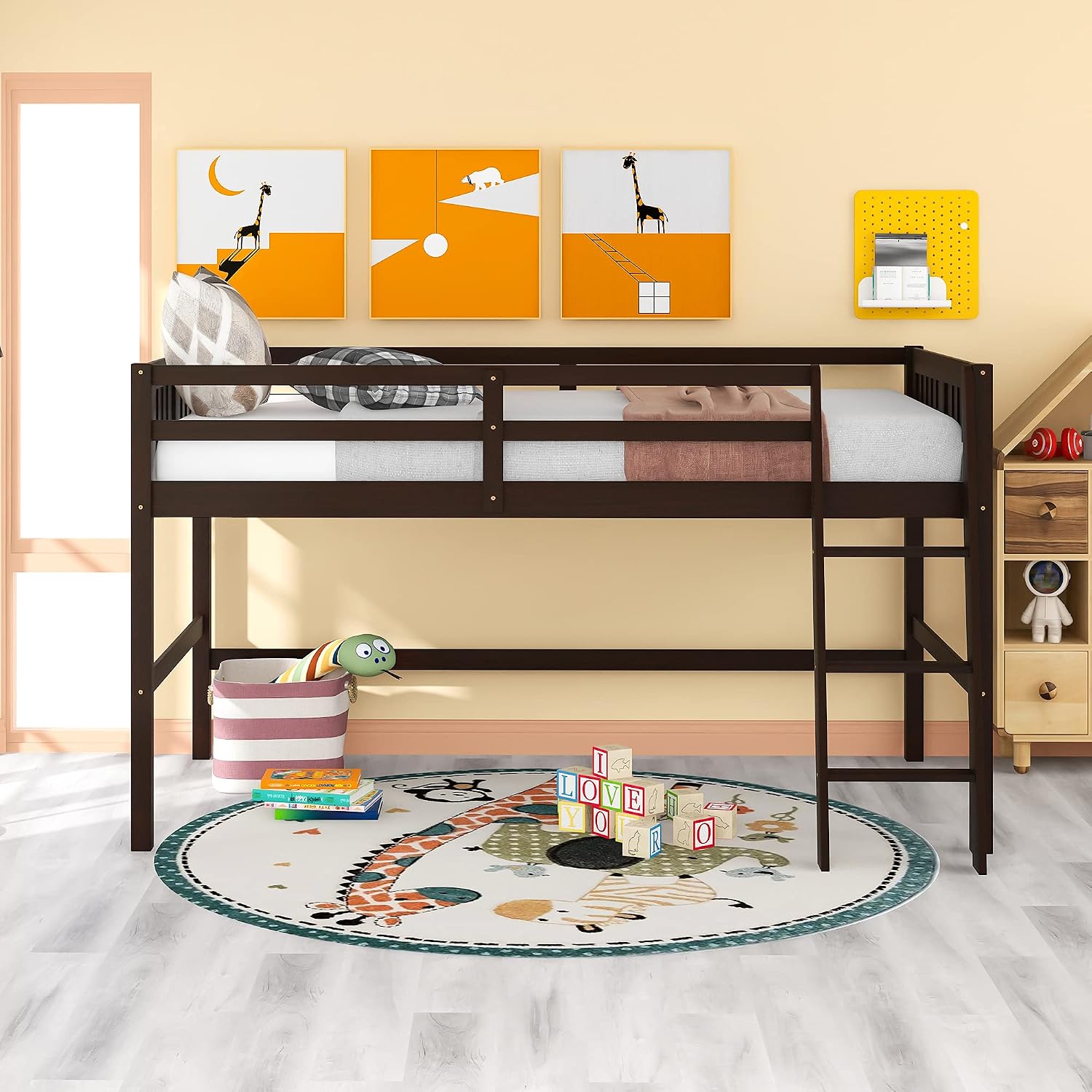 Twin Low Loft Bed with Inclined Ladder for Kids/Boys/Girls, Solid Wood, Full-Length Guardrail, No Box Spring Needed/Strong Slat Support (Espresso+Inclined Ladder)