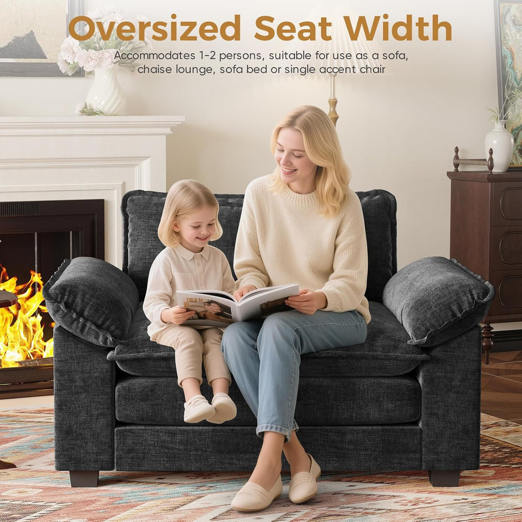 HUSFU Oversized Accent Chair with Ottoman, Chenille Cloud Couch Chair with Deep Seat and Extra Wide Armrests, Comfy Reading Armchair for Bedroom, Living Room, Set of 2, Black