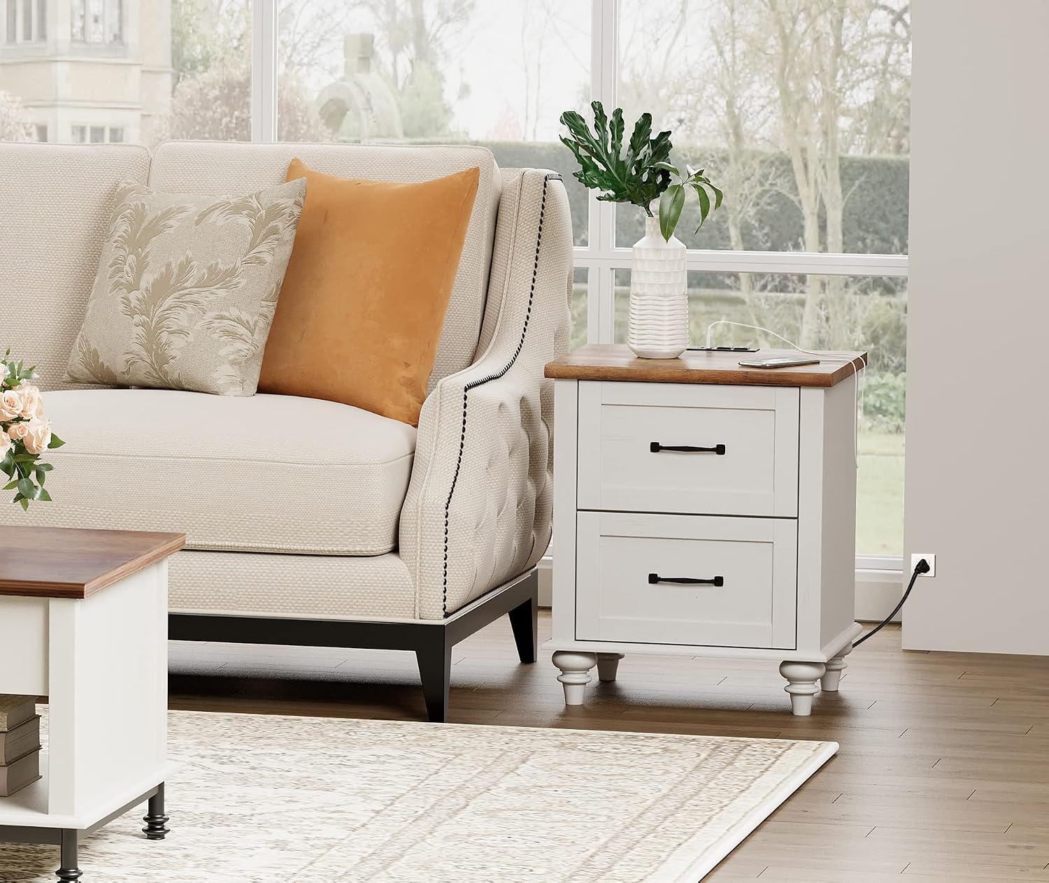 WAMPAT Set of 2 Night Stands with 2 Drawers, Mid-Century Modern Nightstands with Charging Station, Off White Bedside Table Light Wood End Tables for Bedroom