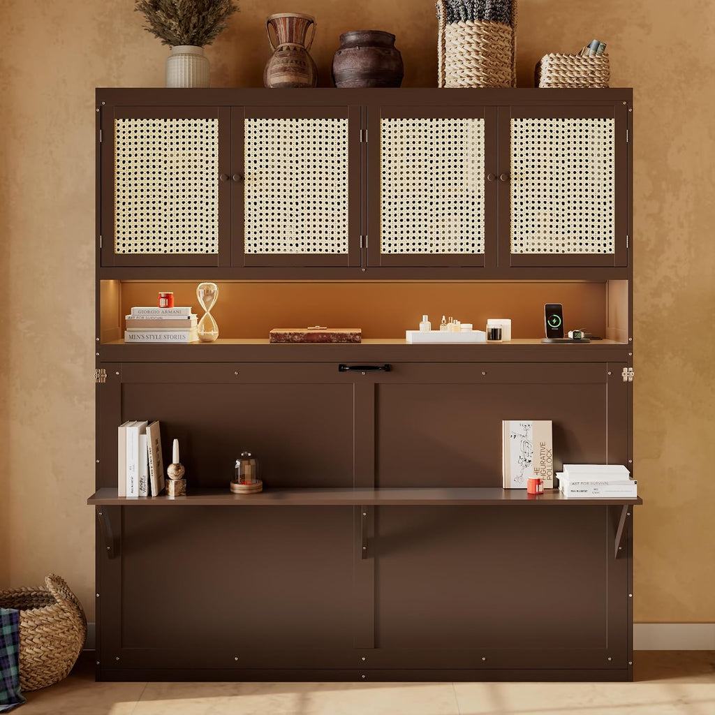 Harper & Bright Designs Twin Size Horizontal Murphy Bed with Top Storage Cabinet, Space Saving Wood Foldable Murphy Wall Bed Frame with Light & USB for Teens Adults, Espresso