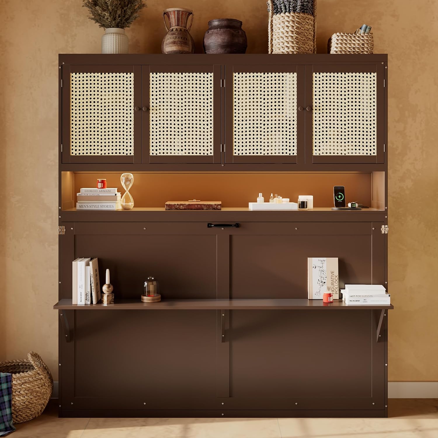 Harper & Bright Designs Twin Size Horizontal Murphy Bed with Top Storage Cabinet, Space Saving Wood Foldable Murphy Wall Bed Frame with Light & USB for Teens Adults, Espresso