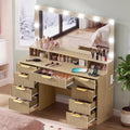 Fluted Vanity Desk with Large Mirror and Adjustable LED Lights, Makeup Vanity Table with Power Outlet, 9 Drawers & Storage Shelf, Bedroom Dressing Table Vanity Set for Girls, Women, Natural Oak