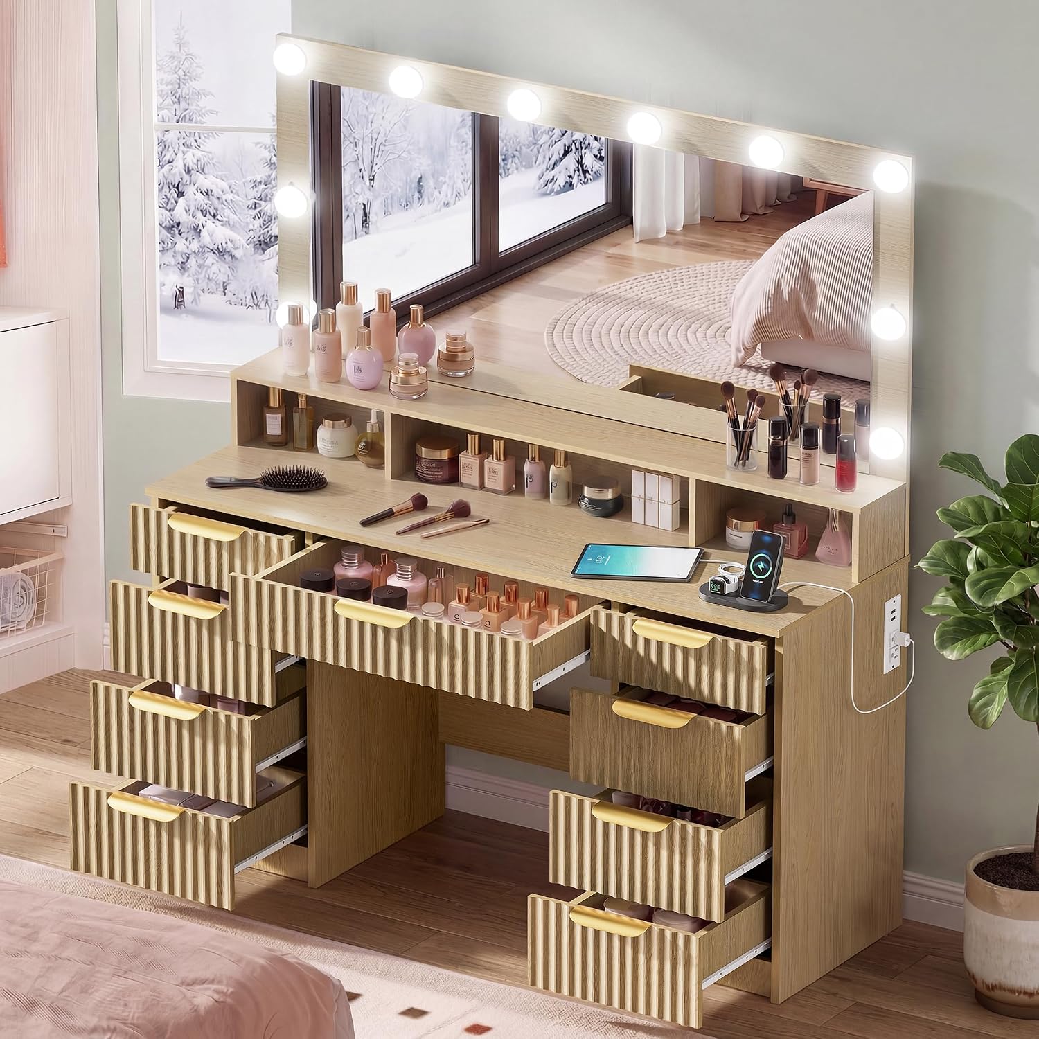 Fluted Vanity Desk with Large Mirror and Adjustable LED Lights, Makeup Vanity Table with Power Outlet, 9 Drawers & Storage Shelf, Bedroom Dressing Table Vanity Set for Girls, Women, Natural Oak