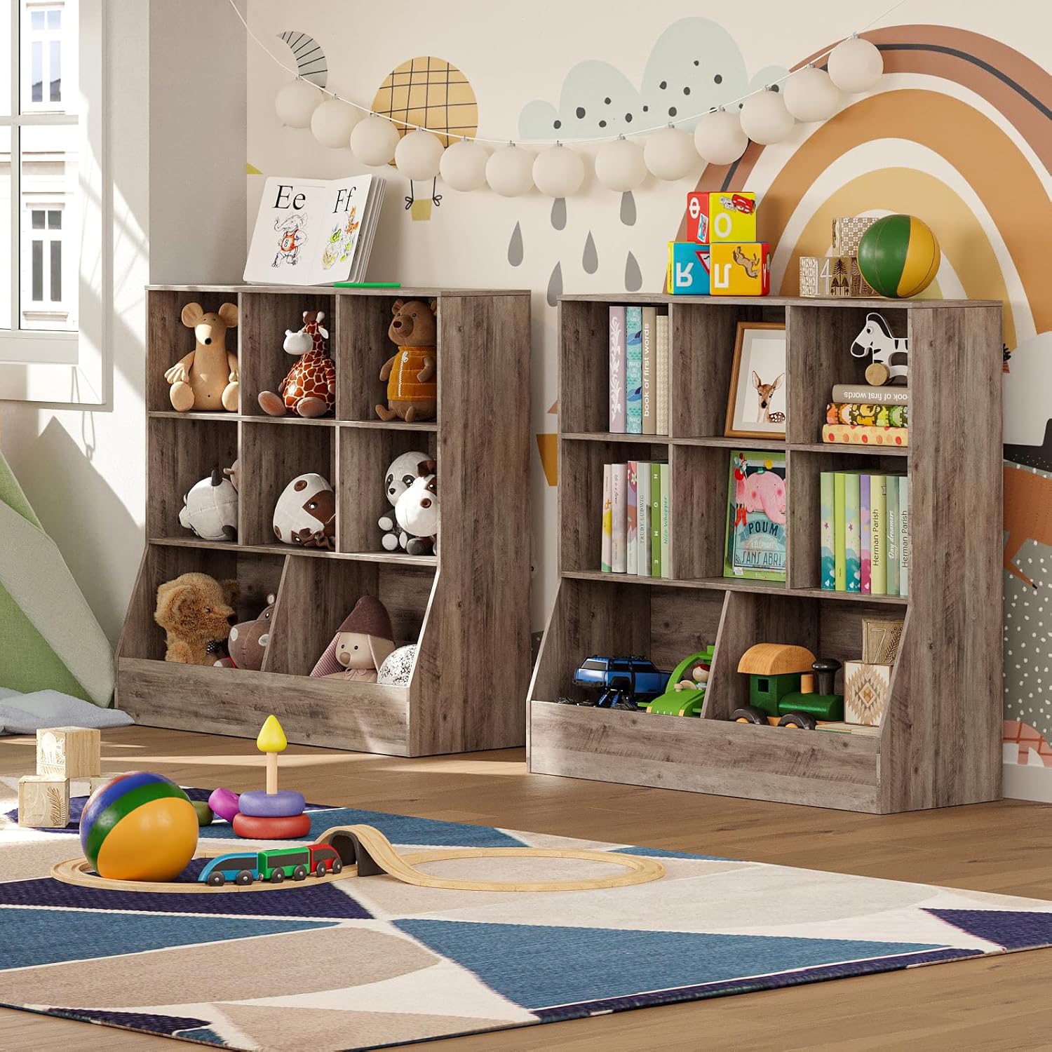 DINZI LVJ Toy Storage Organizer, Kids Bookshelf, Wood Toy Storage Cabinet, 3-Tier 8 Cubby Children Bookcase, 39.4' L Toddler Book Shelf for Playroom, Living Room, Nursery, Hallway, Classroom, Greige