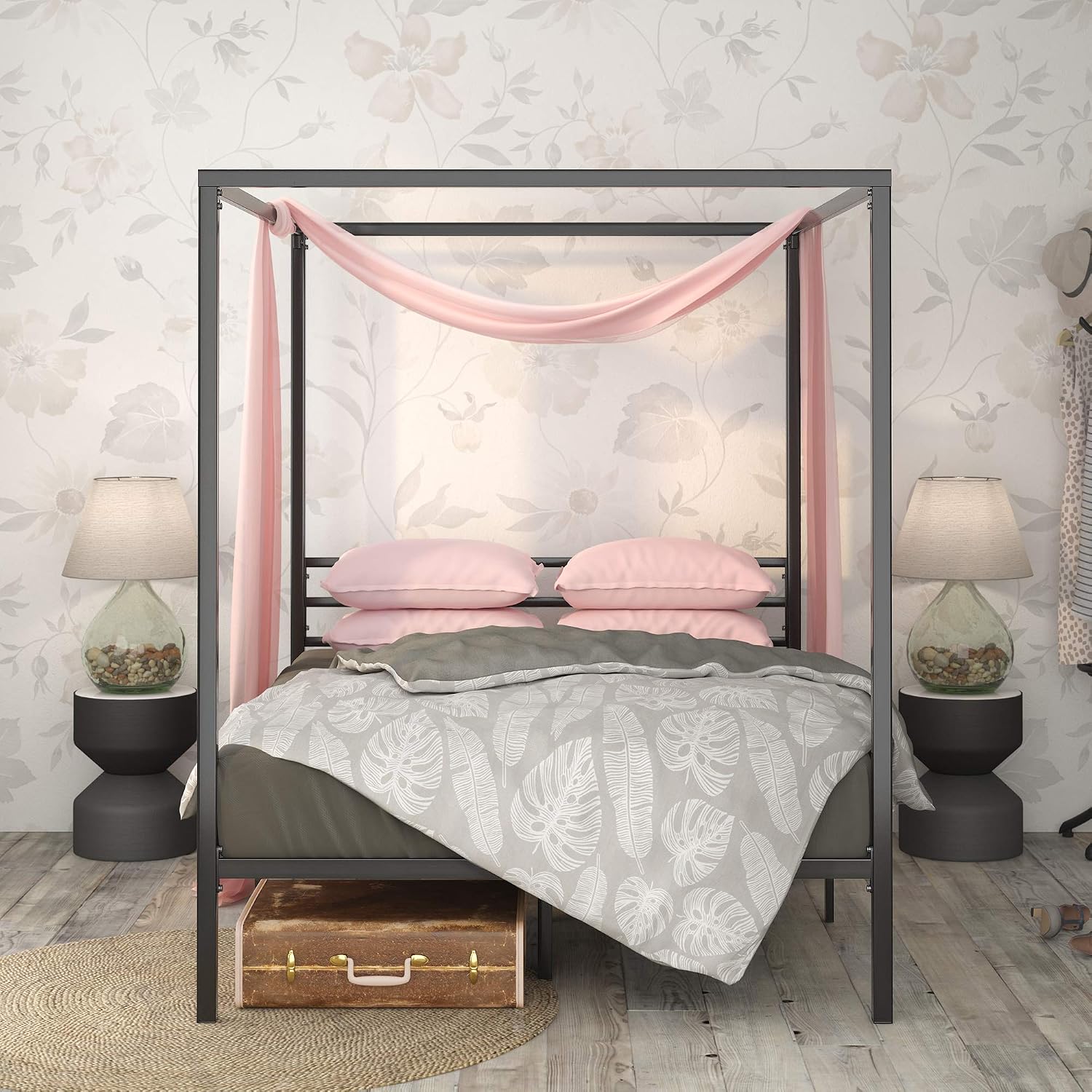 Zinus Patricia Metal Framed Canopy Four Poster Platform Bed Frame/Strong Steel Mattress Support/No Box Spring Needed, Queen, Black (OLB-CPBF-Q)