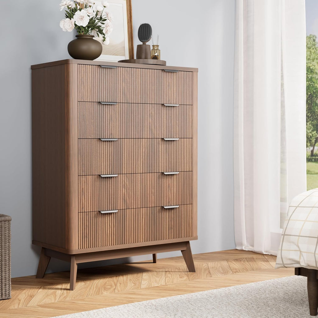 Royal Windsor Fluted 5 Drawers Dresser for Bedroom,43' Tall Wooden Dresser Chest of Drawers,Curved Profile Design,Storage Organizer for Living Room,Hallway,Brown