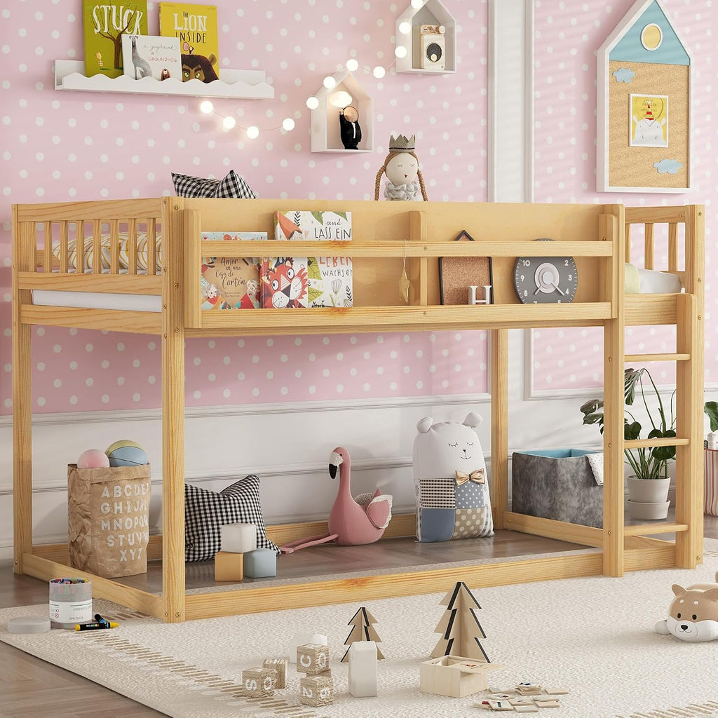 KEIKI Convertible Loft Bed Frame with Storage Shelf, Twin Over Twin Floor Bunk Bed with Ladder & Guardrails, Solid Kids Beds Frames for Boys Girls Bedroom, No Box Spring Needed, Easy Assembly, Brown