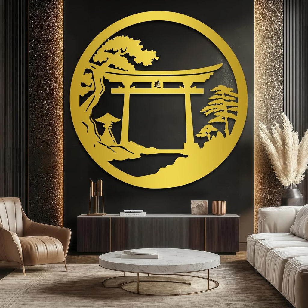 Maclou Bonsai Tree Metal Wall Art,Japanese Metal Wall Art,Torii Gate Wall Decor for Bedroom,Living Room,Bathroom,Out Door (Gold,28' x 28' / 70 x 70 cm)