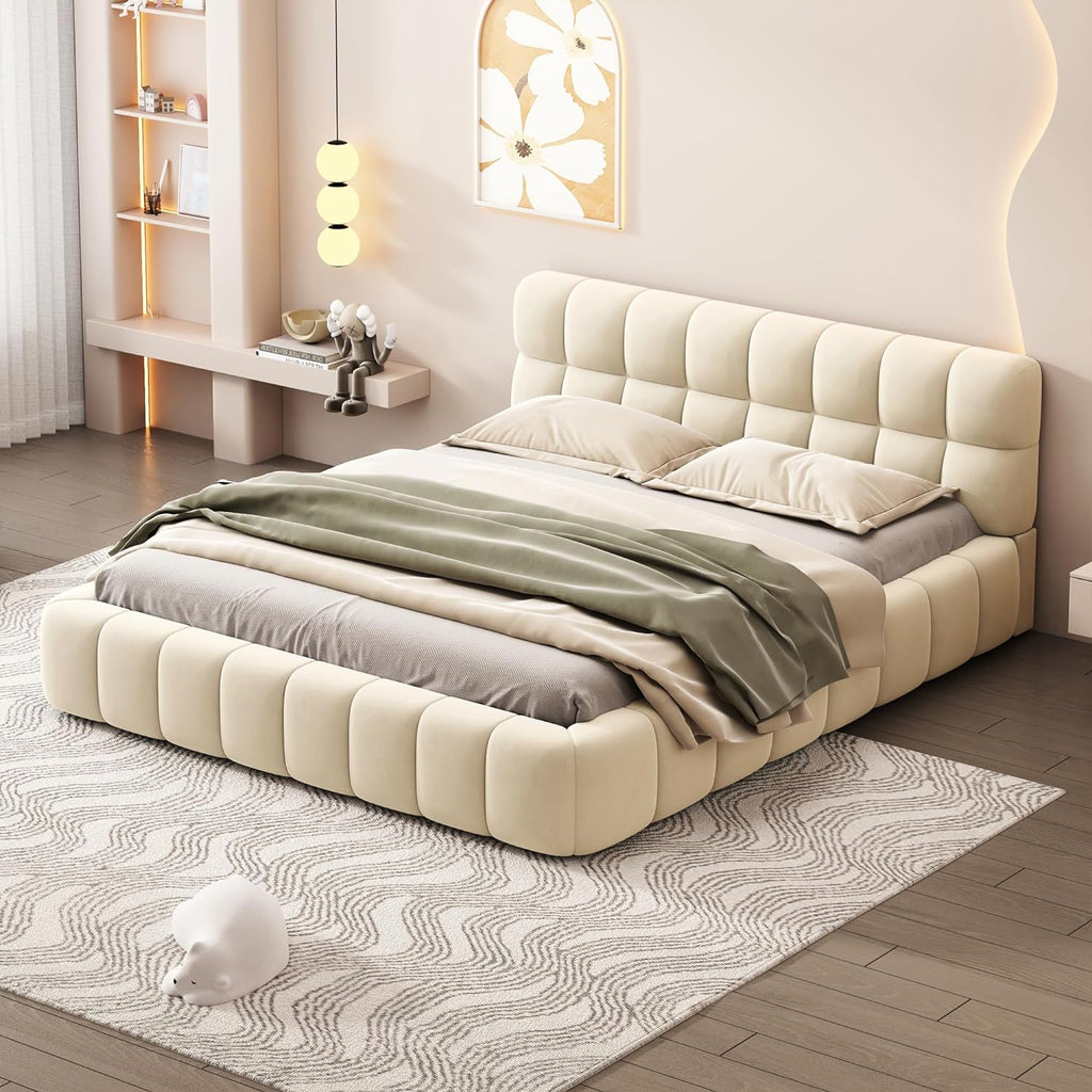 Queen Size Upholstered Platform Bed with Thick Fabric, Grounded Bed with Solid Frame,Wood Slat Support, No Box Spring Needed,Easy Assembly,Bedroom Set (C+Beige)