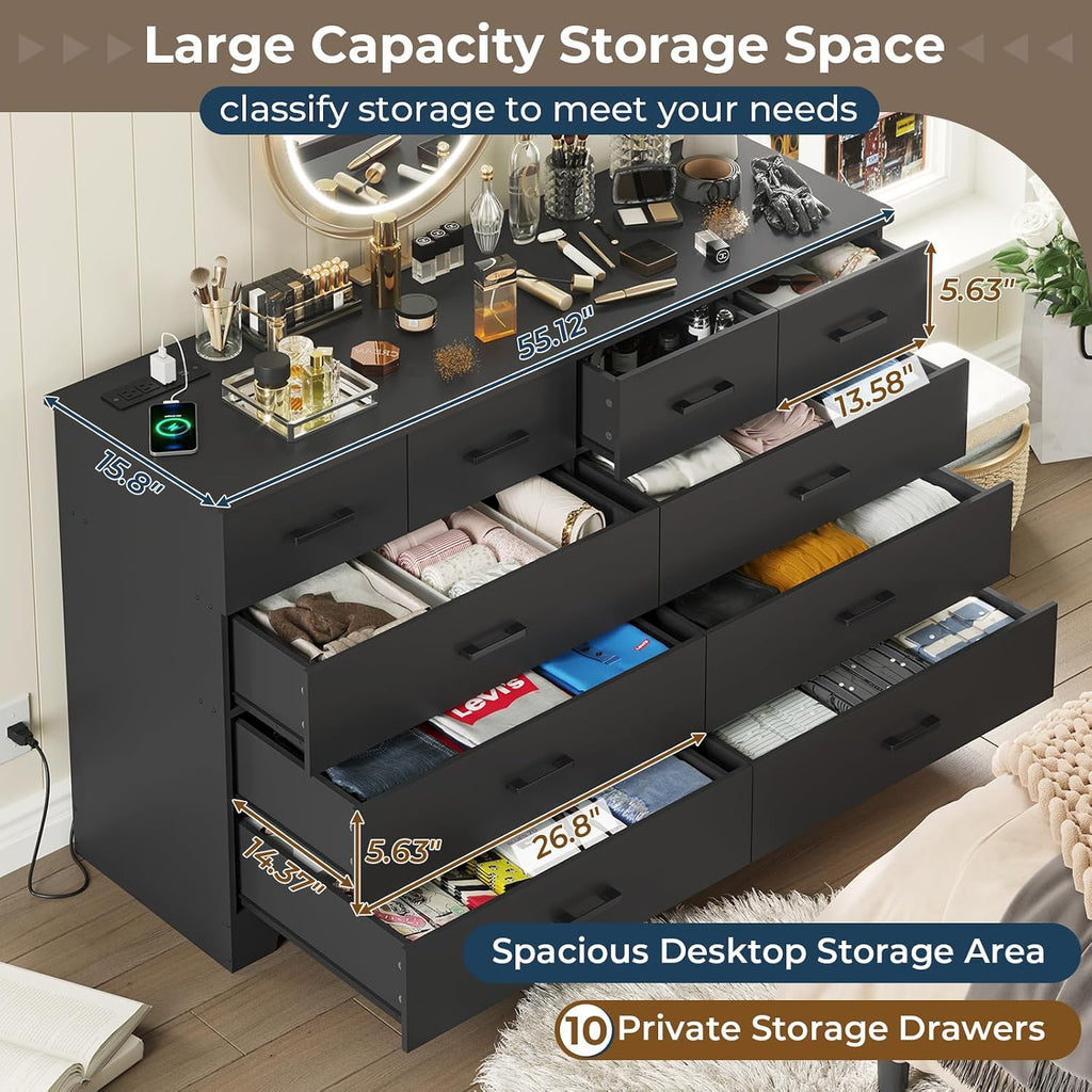 DICTAC Black Dresser for Bedroom with 10 Drawers, Large Chest of Drawers Storage Organizer, Long Dresser TV Stand with Power Outlets, Wide Dressers for Bedroom, Living Room 55.1' W x 32.3' H x 15.8' D