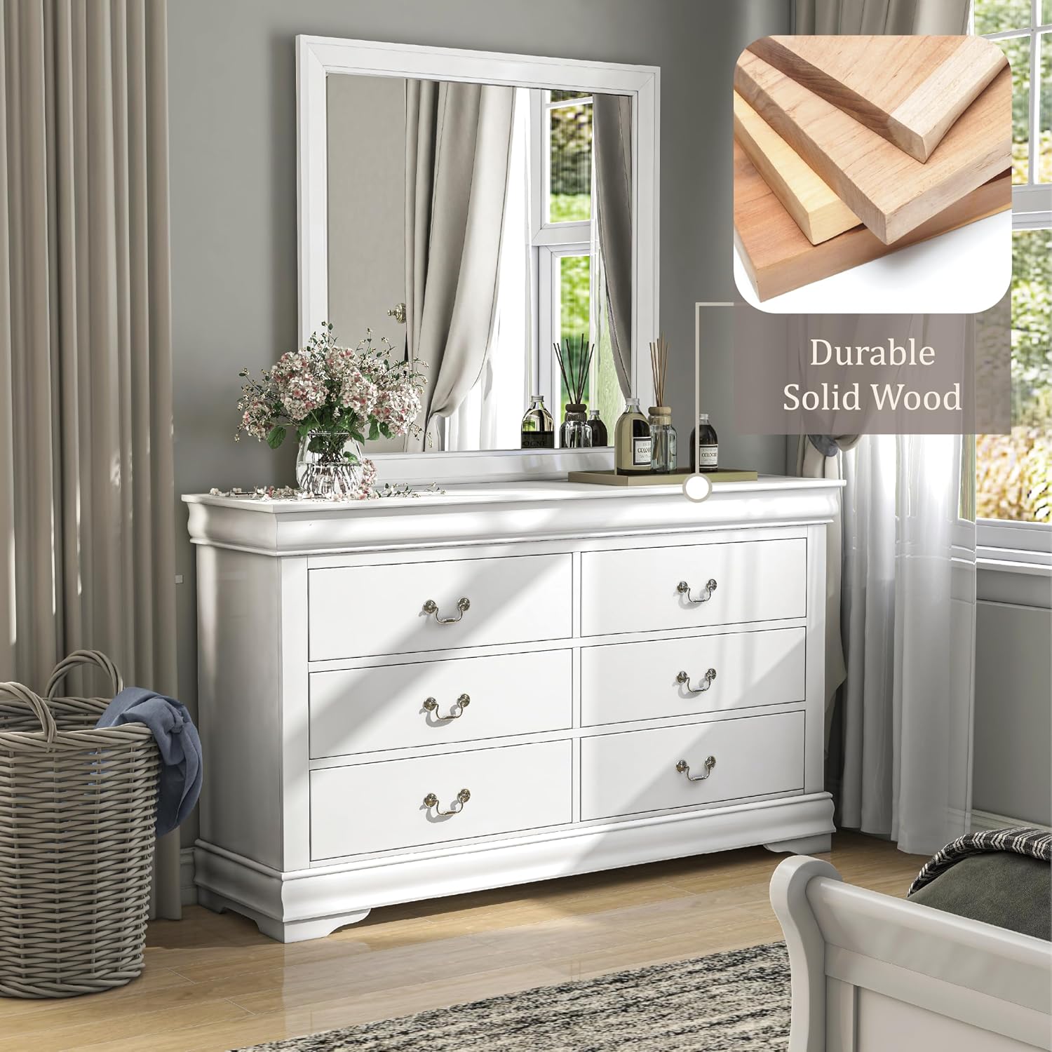 Furniture of America Arabella Traditional Wooden 6 Drawer Dresser with Mirror, Vintage Bedroom Set, Accent Vanity Dressing Table with Antique Nickle Handles for Dressing Room, Walk-in Closet, White