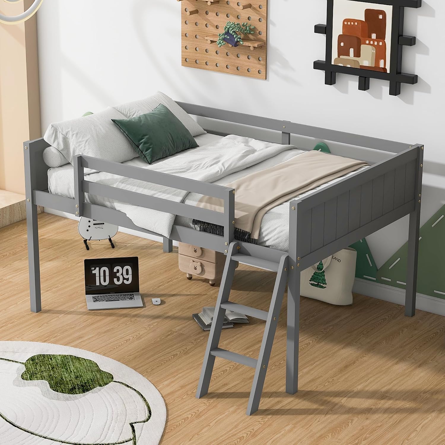 JIVOIT Full Size Low Loft Bed, Wooden Loft Bed with Convertible Ladder, Ladder can be Placed on The Left or Right, Full-Length Guardrails, No Box Spring Required (Gray & Convertible Ladder,Full)