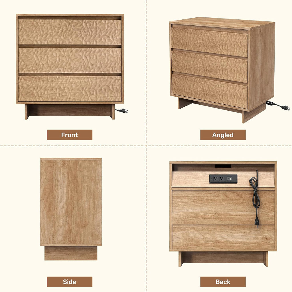 Miereirl Nightstands with Charging Station, Modern Nightstand with 3 Drawers, 26.5' W Wooden End Side Table for Bedroom, Natural Oak