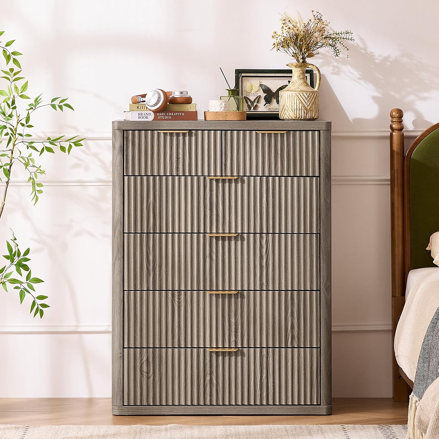 LEYAOYAO Fluted 6 Drawers Dresser for Bedroom Set of 2, 42' Tall Modern Chest of Drawers with Metal Handle, Curved Profile Design,Grey Wood Drawer Organizer for Bedroom, Living Room, Hallway