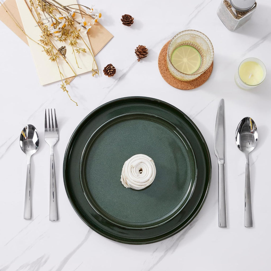 LIANYU Dinnerware Dishes Sets for 8, 24 Piece Stoneware Plates and Bowls Dishware Set, Modern Tableware Includes Ceramic Dinner Salad Plates, Cereal Bowls, Chip & Scratch Resistant, Hunter Green
