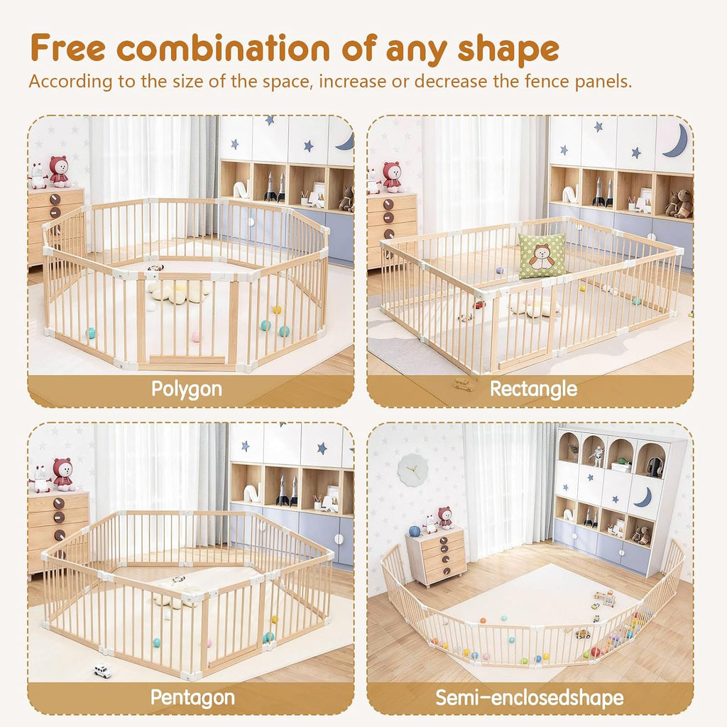 Baby Playpen, Foldable Wooden Play Yard with Gate | Adjustable Activity Center, Child Proof Lock, Expandable, 56x83x24 inch,For Babies 6 to 36 months