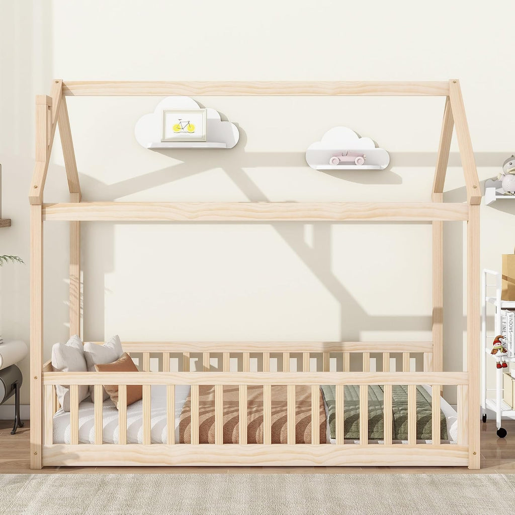 Twin Floor Bed with Slats, Twin Floor Bed for Children, Wooden Montessori Bed with Fence, House Bed for Boys Girls Bedroom - Natural