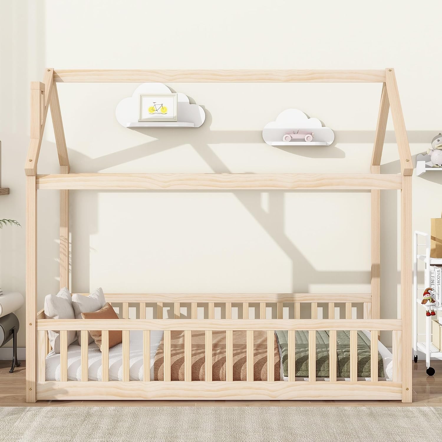 Twin Floor Bed with Slats, Twin Floor Bed for Children, Wooden Montessori Bed with Fence, House Bed for Boys Girls Bedroom - Natural