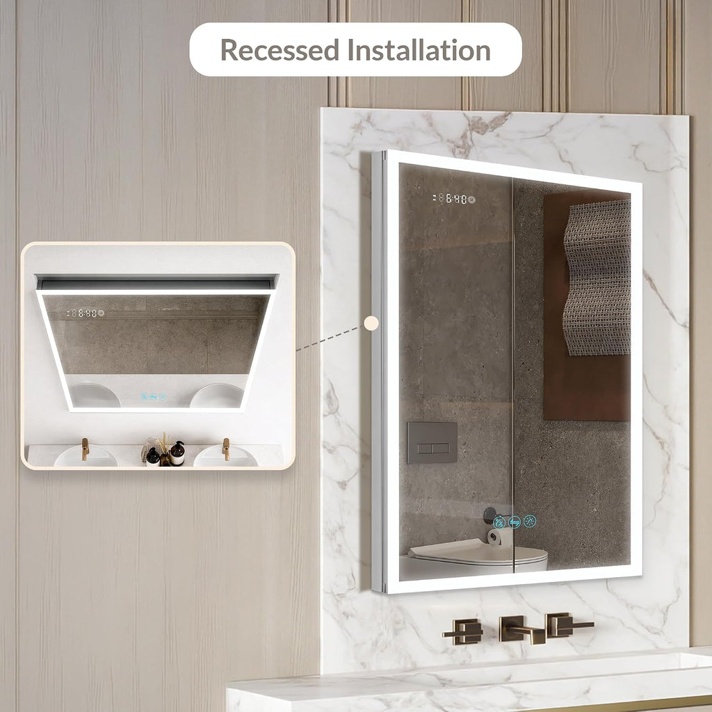 Blossom LED Lighted Mirror Medicine Cabinet, 24x32 Inch, Left Hinge, Recessed/Surface Bathroom LED Medicine Cabinet with Mirror, Defogger, Adjustable Brightness, 3X Makeup Mirror, Outlets & USB Ports