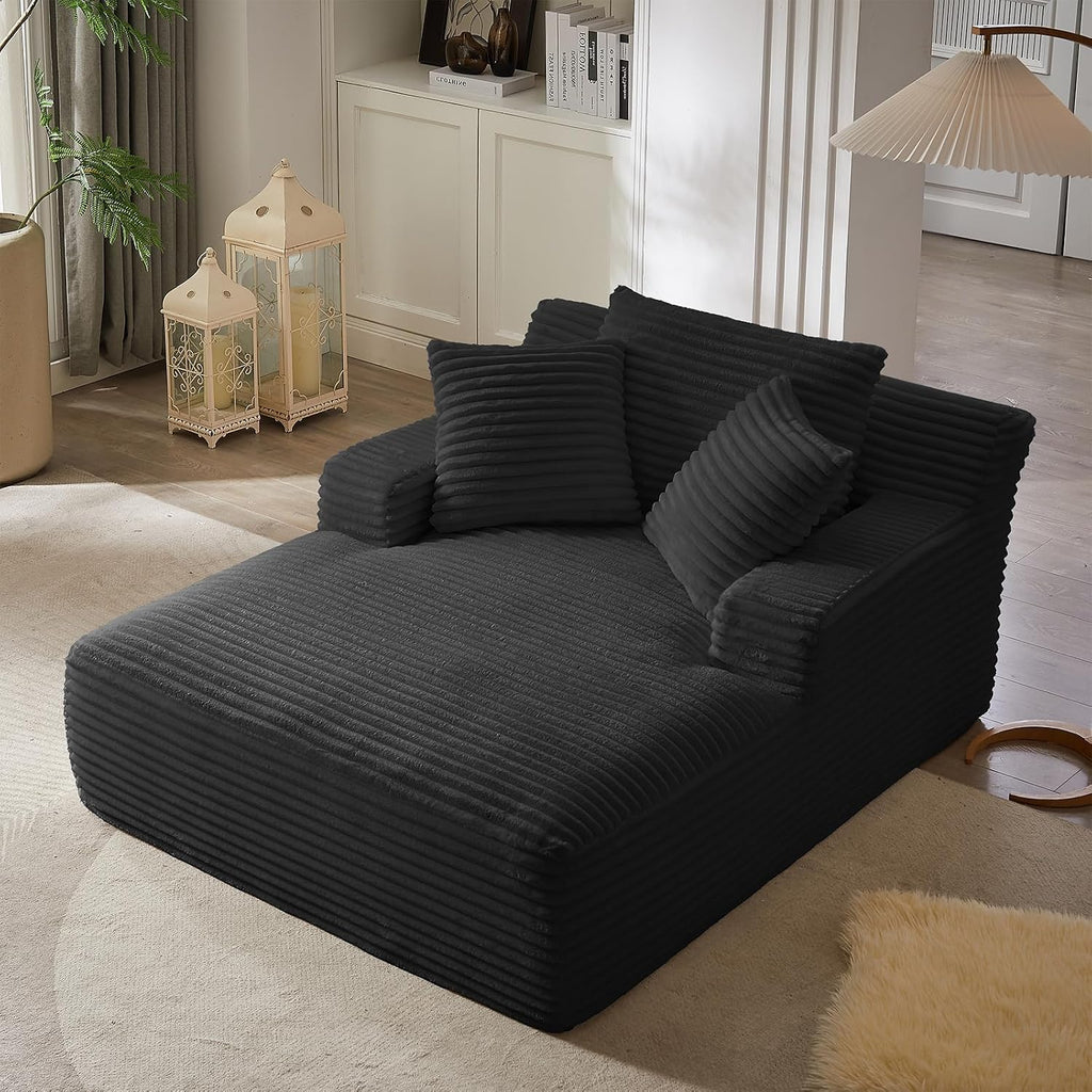 Oversized Chaise Lounge Chair Indoor, 66' Cloud Boneless Sleeper Couch Corduroy Upholstered Sofa Bed Deep Seat Comfy Reading Chair with 3 Pillows for Living Room Bedroom, Black