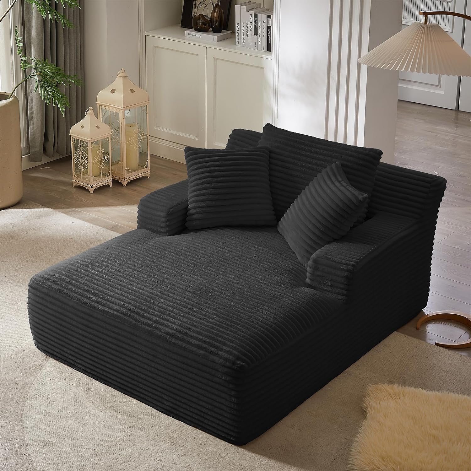 Oversized Chaise Lounge Chair Indoor, 66' Cloud Boneless Sleeper Couch Corduroy Upholstered Sofa Bed Deep Seat Comfy Reading Chair with 3 Pillows for Living Room Bedroom, Black
