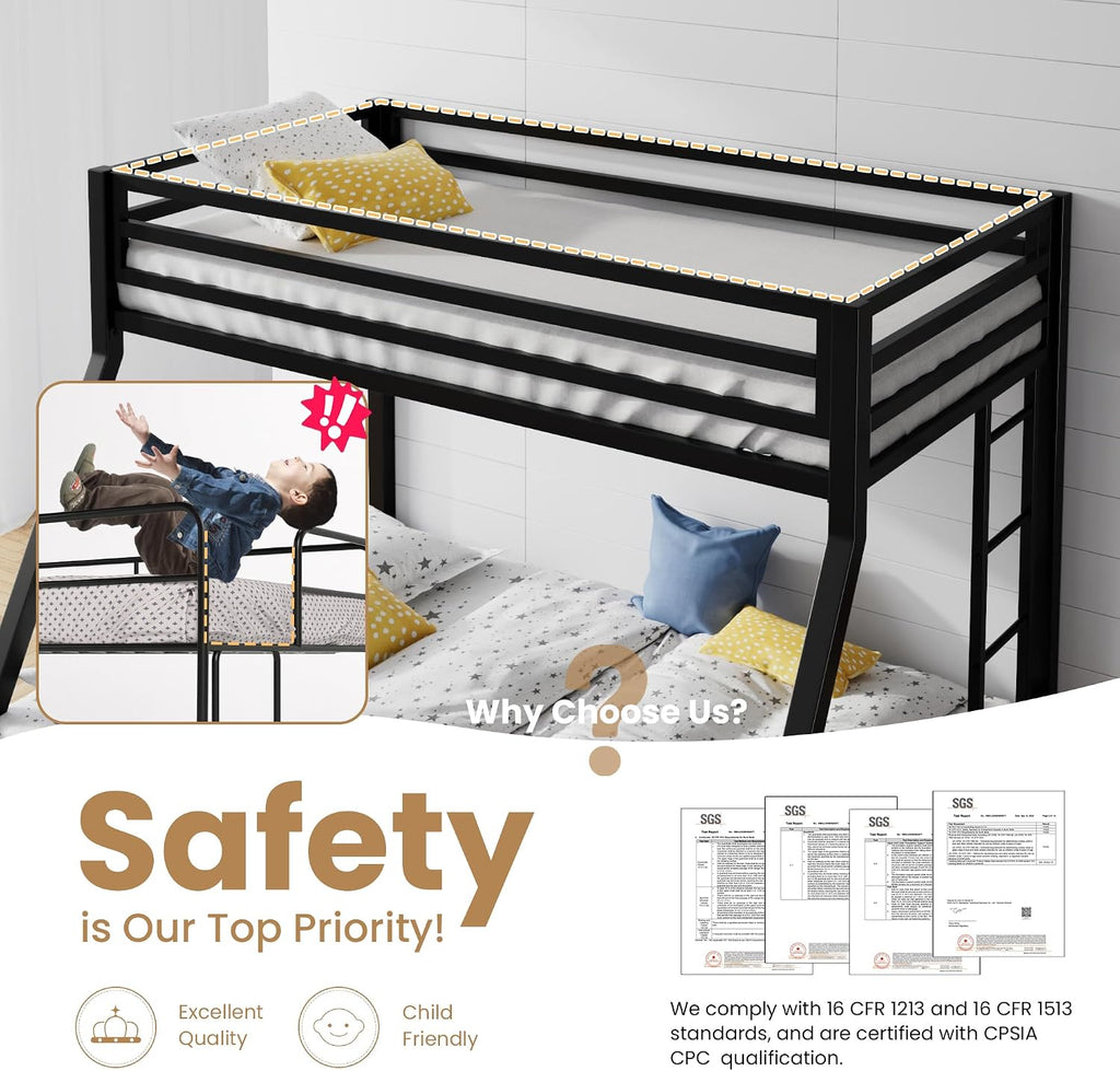 SHA CERLIN Loft Bunk Bed Twin Over Full Size with Ladder and Guardrail,Heavy Duty Metal Slats Support No Box Spring Needed Small Space Saving Furniture for Bedroom Dorm,Black