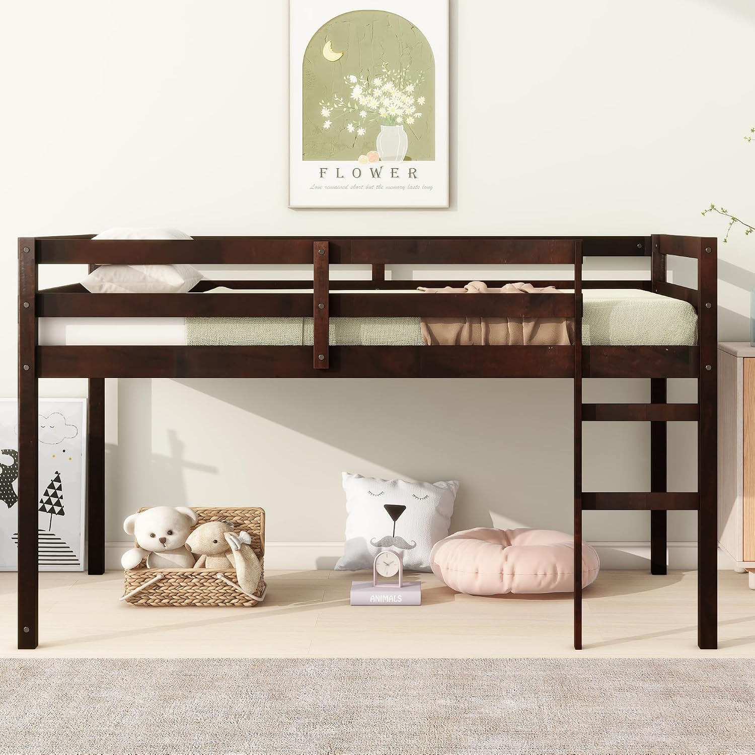 JIVOIT Wood Low Loft Bed Frame with Ladder, Solid Rubber Wooden Twin Loft Bed, Bed Platform of Strengthened Slats, Space Saving Design, No Box Spring Needed (Espresso,104)