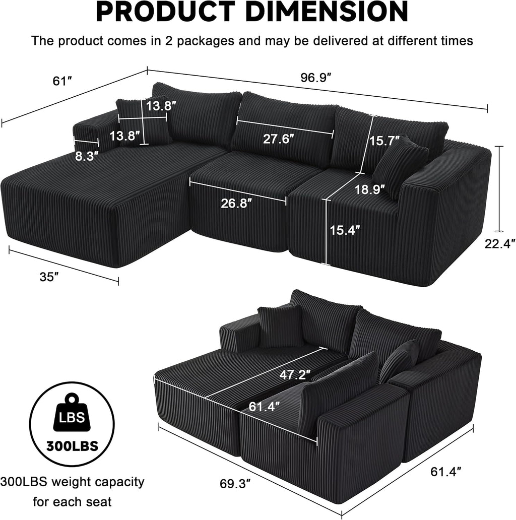 97' Boneless Couches for Living Room, Cloud Couch Sectional with Deep Seat, Comfy Couch with L-Shaped Chaise, Minimalist Upholstered Modular Sectional Sofa, No Assembly Required (Corduroy,Black)