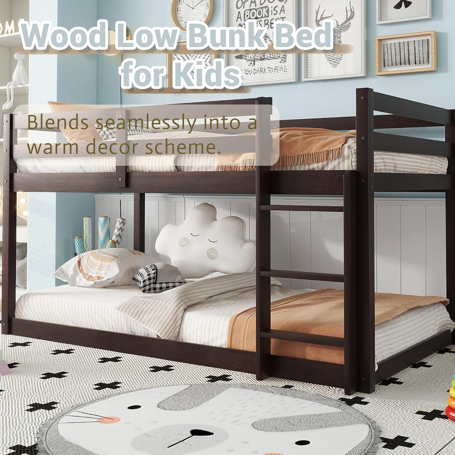 Twin Low Bunk Bed for Kids, Floor Bunk Beds Twin Over Twin with Integrated Ladder & Full Guardrails, Wood Bunked with Strengthened Slats for Boys, Girls, Bedroom, No Box Spring Needed, Espresso