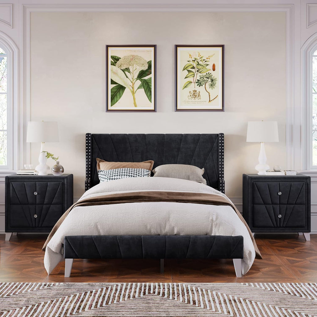 3 Pieces Velvet Bedroom Set with Full Upholstered Bed and Two Nightstand, Contemporary Furniture Set for Bedroom Living Room (Black+3 Pieces+Full)