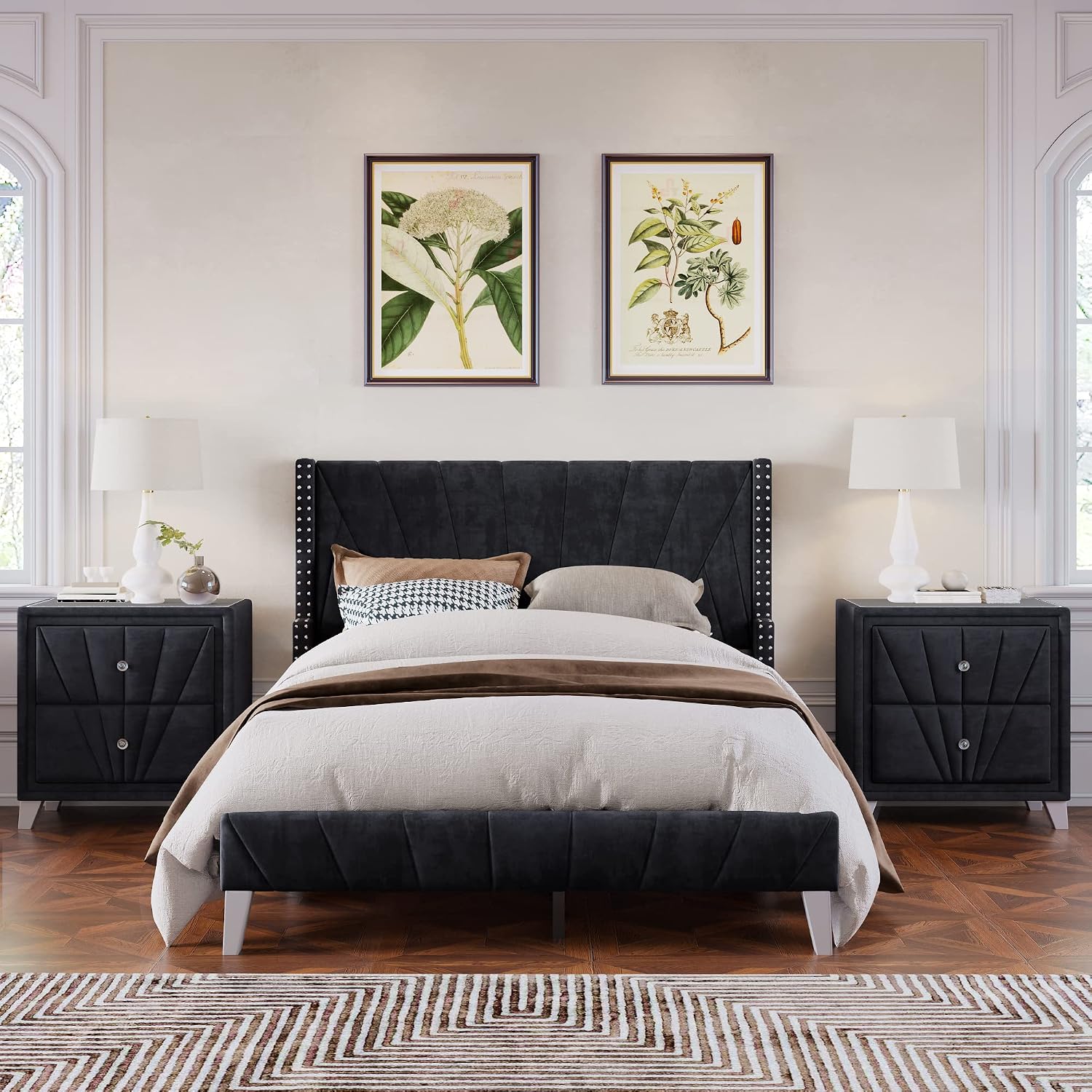 3 Pieces Velvet Bedroom Set with Full Upholstered Bed and Two Nightstand, Contemporary Furniture Set for Bedroom Living Room (Black+3 Pieces+Full)