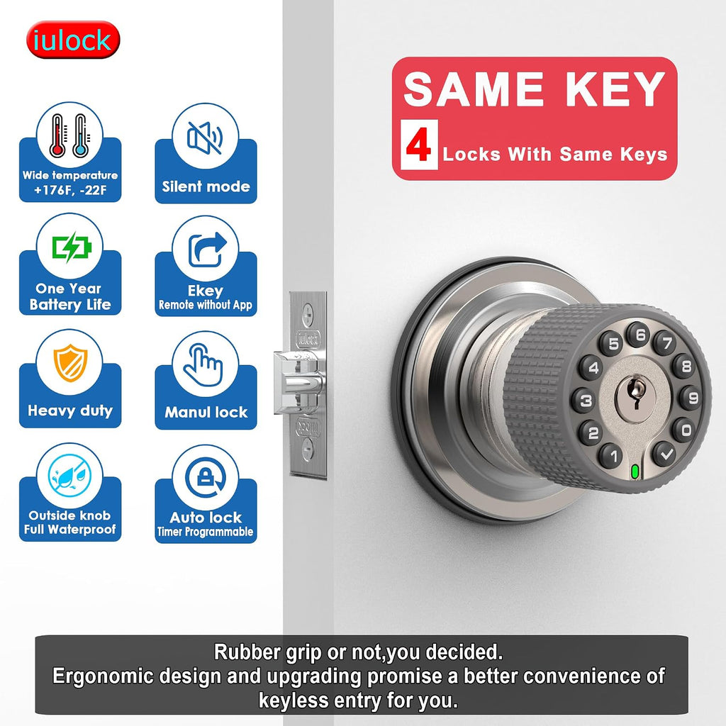iulock Smart Door Knob with Keypad and Key,Keyless Entry Door Lock with Rubber Grip, Auto Lock,50 User Code,Waterproof, Easy to Install and Program for Bedroom(Stain Nickel Same Key 4 Pack)