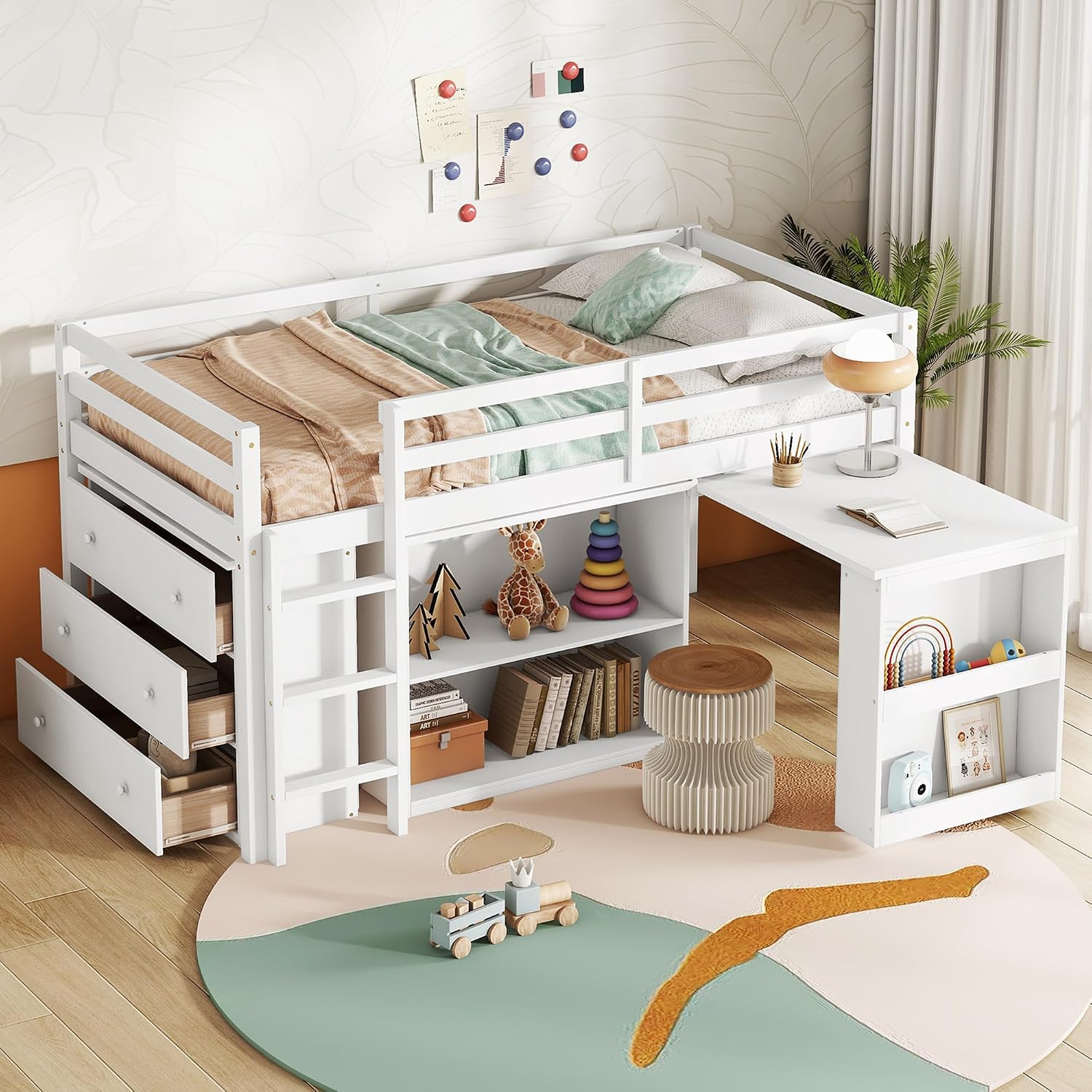 Twin Loft Bed, Multifunctional Loft Bed with Drawer Cabinet, Shelf Cabinet and Pulling-Out Desk, Flexible Under-bed Storage Space, Rubber Wood Loft Bed with Safety Guardrail and Ladder (White/261)
