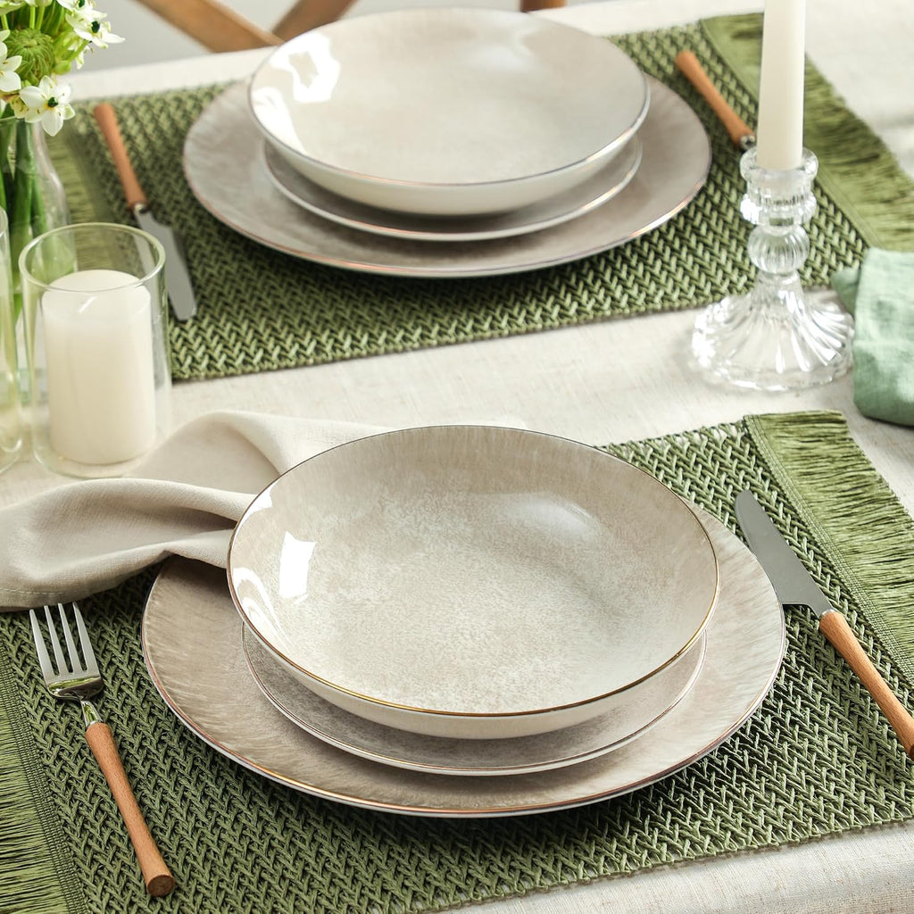 Christian Siriano Onyx 24-Piece Dinnerware Set Porcelain, Plates and Bowls Set, Hand Wash Dish, Dish Set for 8, Beige and Gold